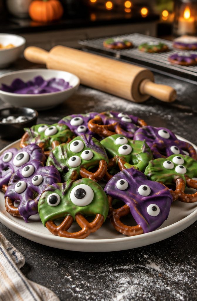 Candy-coated pretzels with mismatched candy eyes.