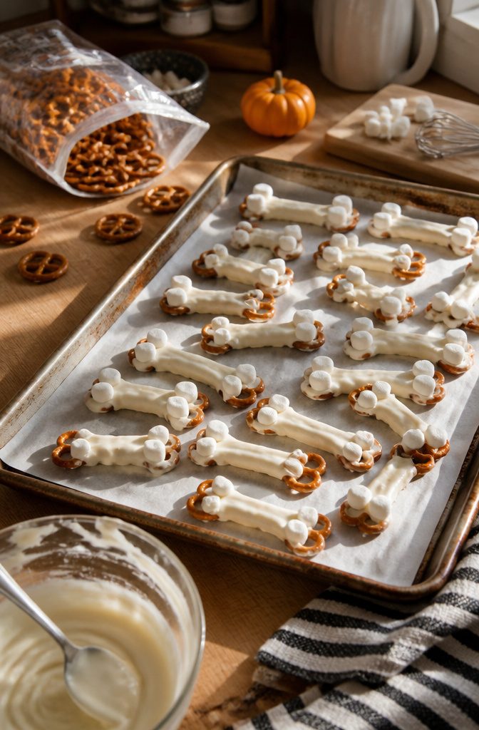 Pretzel sticks shaped like bones with white coating and marshmallows.