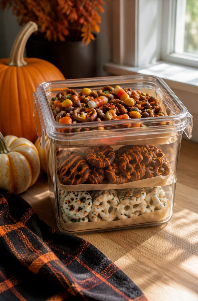 An airtight container with assorted Halloween pretzel snacks.