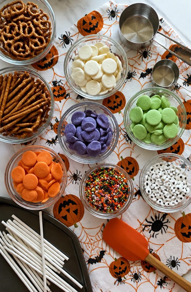 Various pretzel shapes and candy melts displayed on a table.