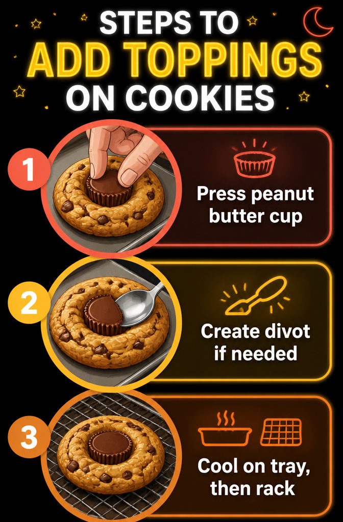 Cookies with peanut butter cups being pressed into their centers.