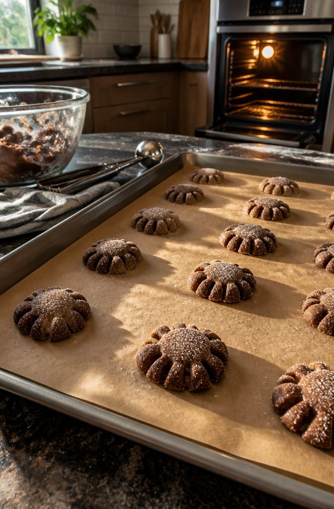Baking tray with spaced-out cookie dough balls lined with parchment paper.