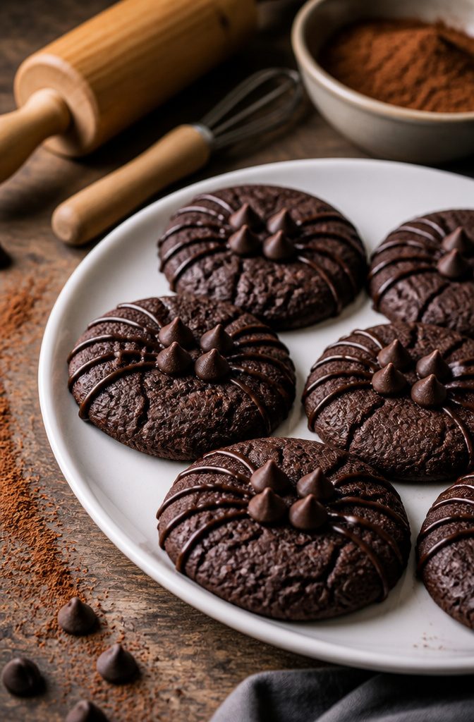 Chocolate spider cookies with chocolate chip bodies and legs.