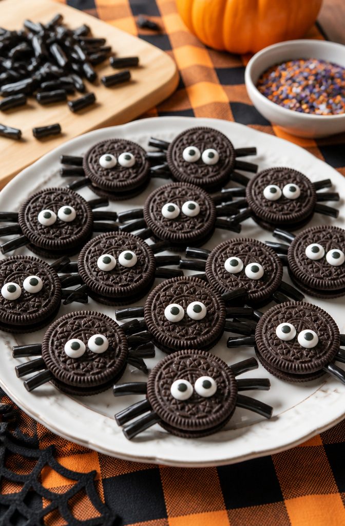 Whole Oreos with licorice legs and candy eyes.