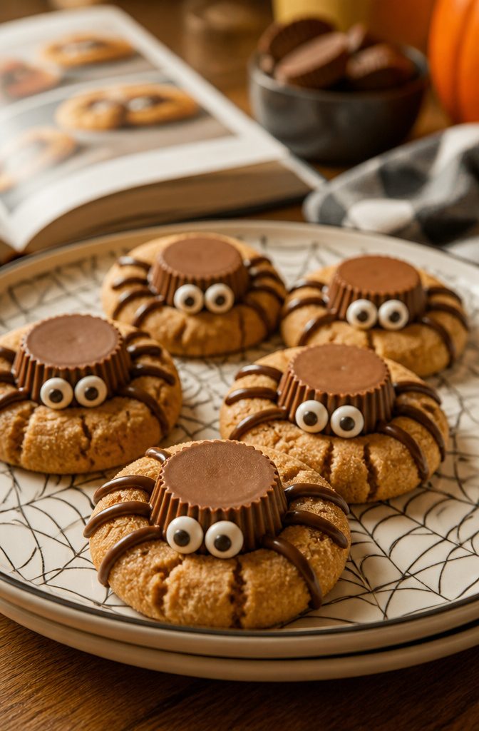 Peanut butter spider cookies with candy eyes and legs.