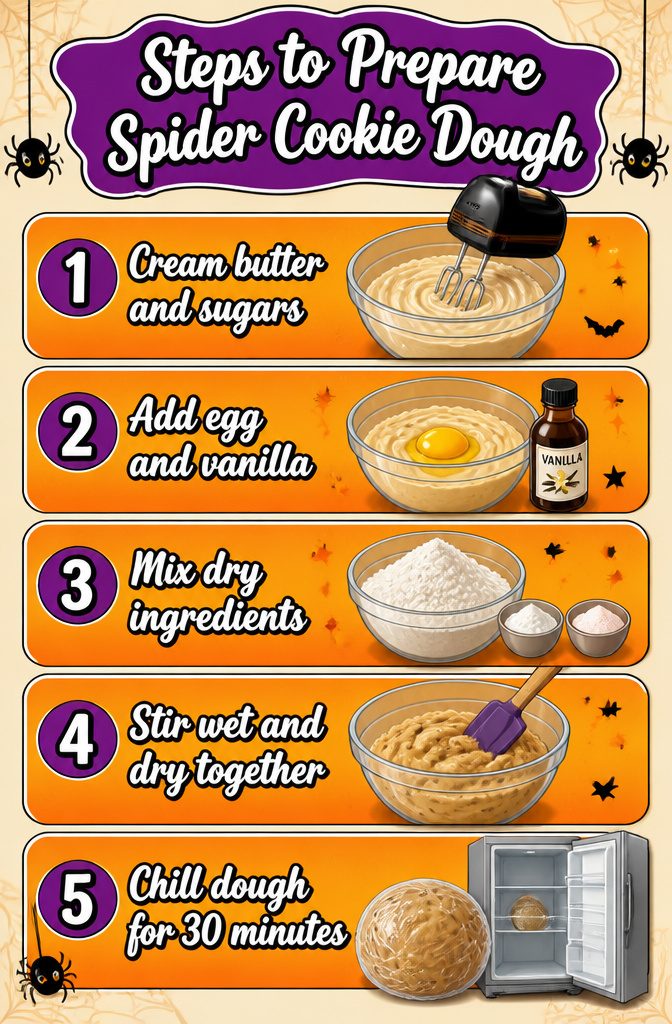 Instructions and ingredients for preparing spider cookie dough.