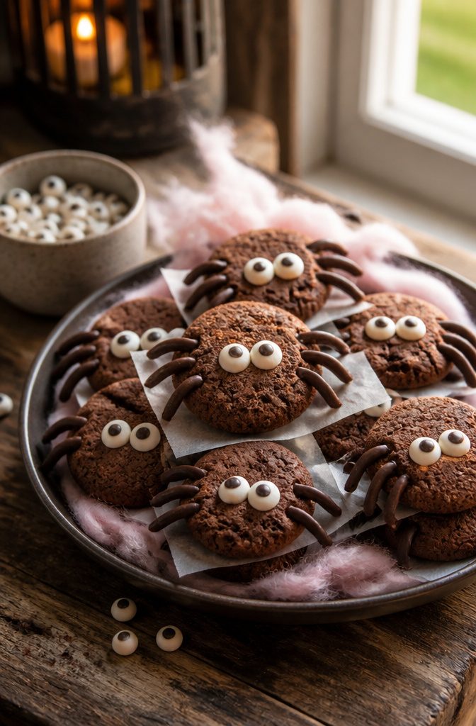 Decorated spider cookies cooling on a wire rack.