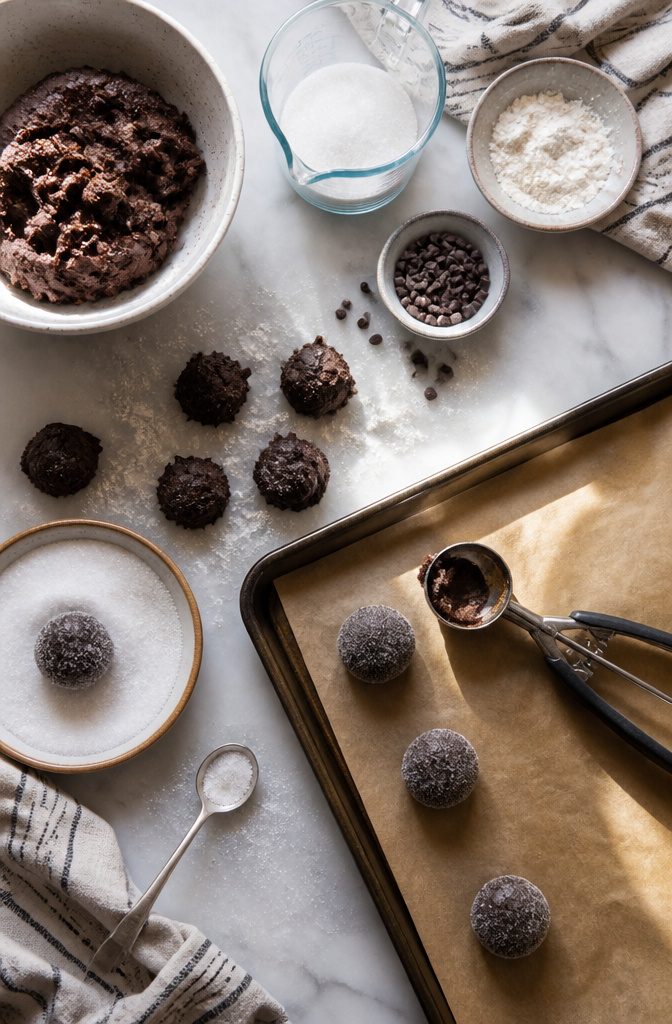 Sugared cookie dough balls on a baking sheet.