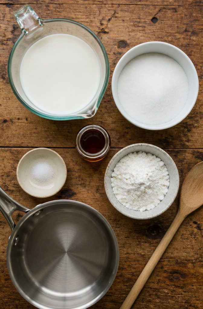 Homemade Pudding Recipe: Creamy Stovetop Dessert 2 Ingredients for homemade pudding including whole milk, sugar, and cornstarch.