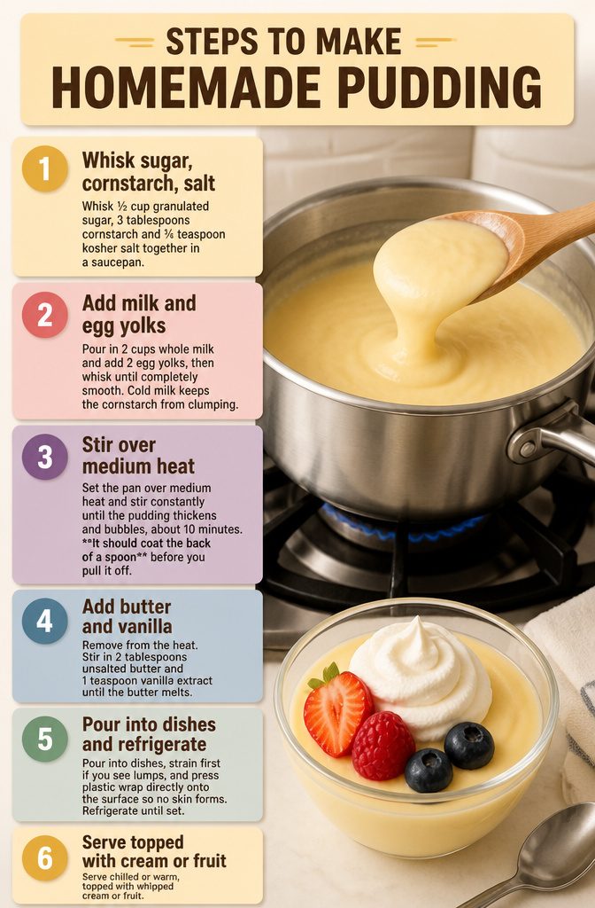 Homemade Pudding Recipe: Creamy Stovetop Dessert 3 Instructions for making homemade pudding in a saucepan.