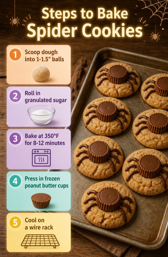Peanut Butter Spider Cookies: 9 Ingredients, Tips & Decorations 11 Instructions for baking peanut butter spider cookies at 350°F.