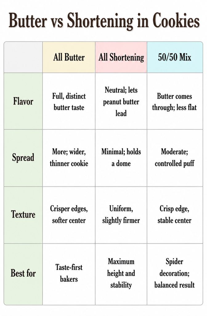 Peanut Butter Spider Cookies: 9 Ingredients, Tips & Decorations 14 A comparison chart for using butter versus shortening in cookies.