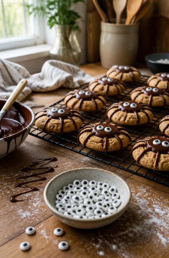 Peanut Butter Spider Cookies: 9 Ingredients, Tips & Decorations 6 A dish filled with candy eyes next to decorated spider cookies.