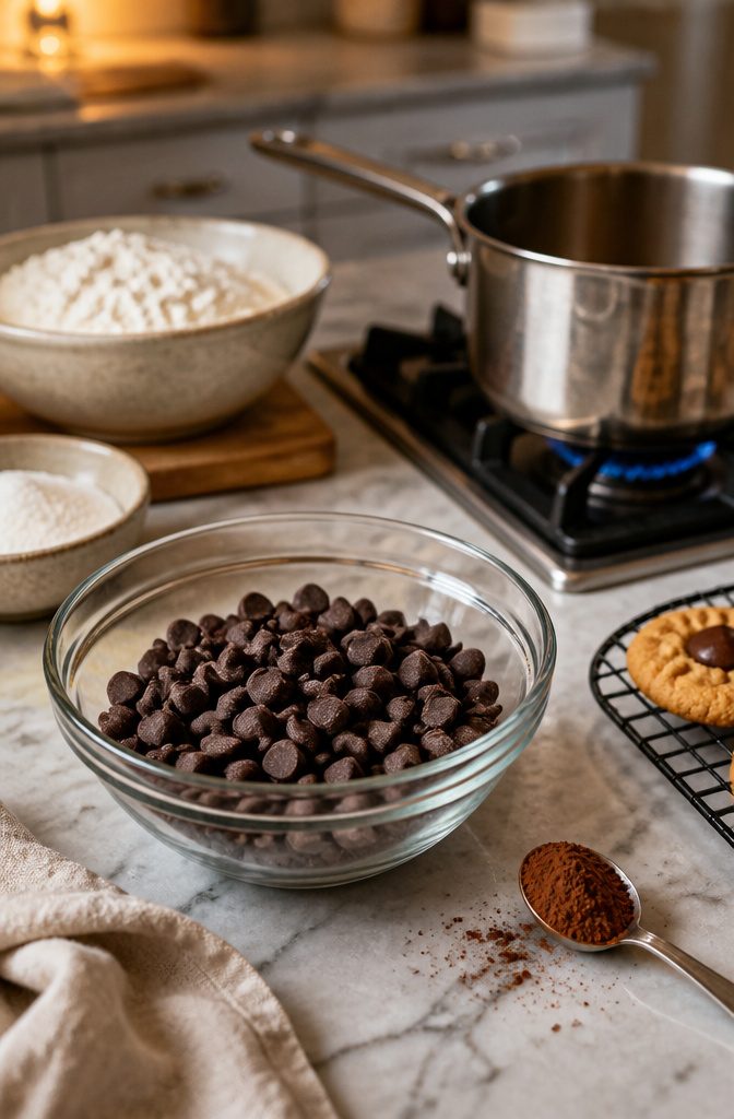 Peanut Butter Spider Cookies: 9 Ingredients, Tips & Decorations 5 A bowl of semi-sweet chocolate chips beside a saucepan for melting.
