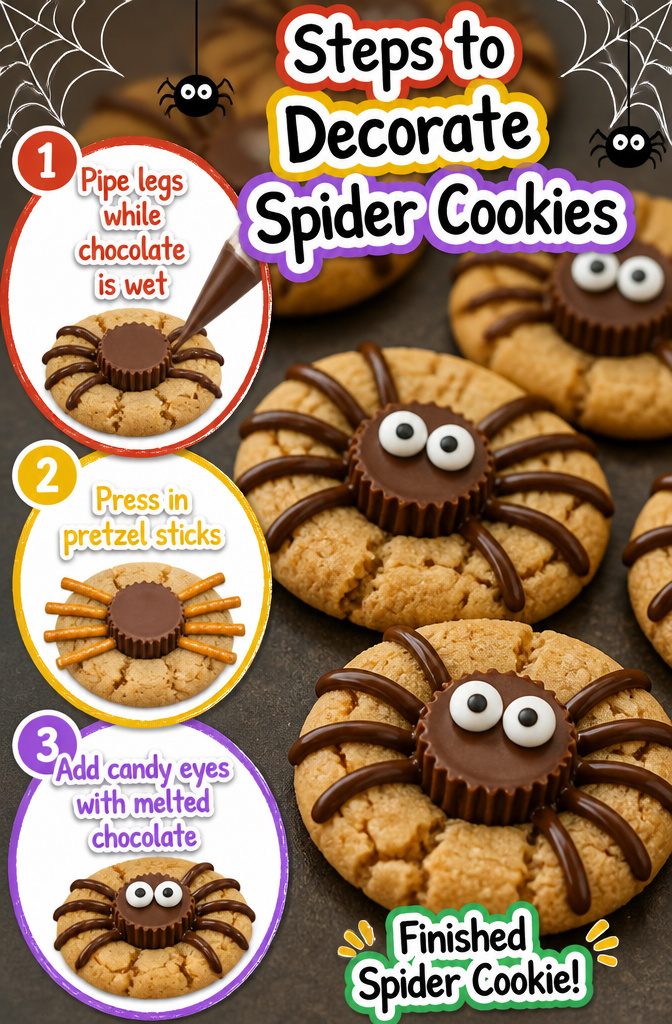 Peanut Butter Spider Cookies: 9 Ingredients, Tips & Decorations 12 Steps to decorate spider cookies with chocolate and candy eyes.