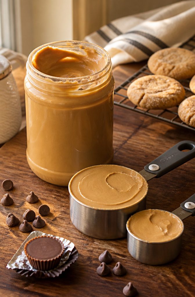 Peanut Butter Spider Cookies: 9 Ingredients, Tips & Decorations 3 An open jar of creamy peanut butter next to measuring cups of peanut butter.