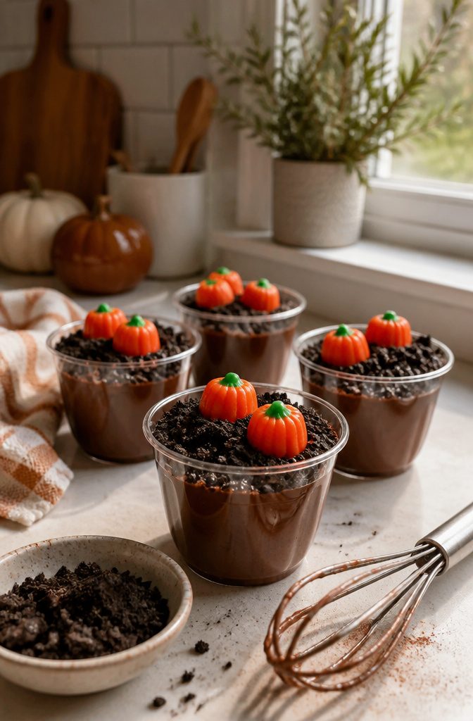 Pumpkin Patch Dessert Cups: Chocolate, Vanilla, Full Moon & More 2 9 oz. cups filled with chocolate pudding and Oreo dirt, decorated with candy pumpkins.
