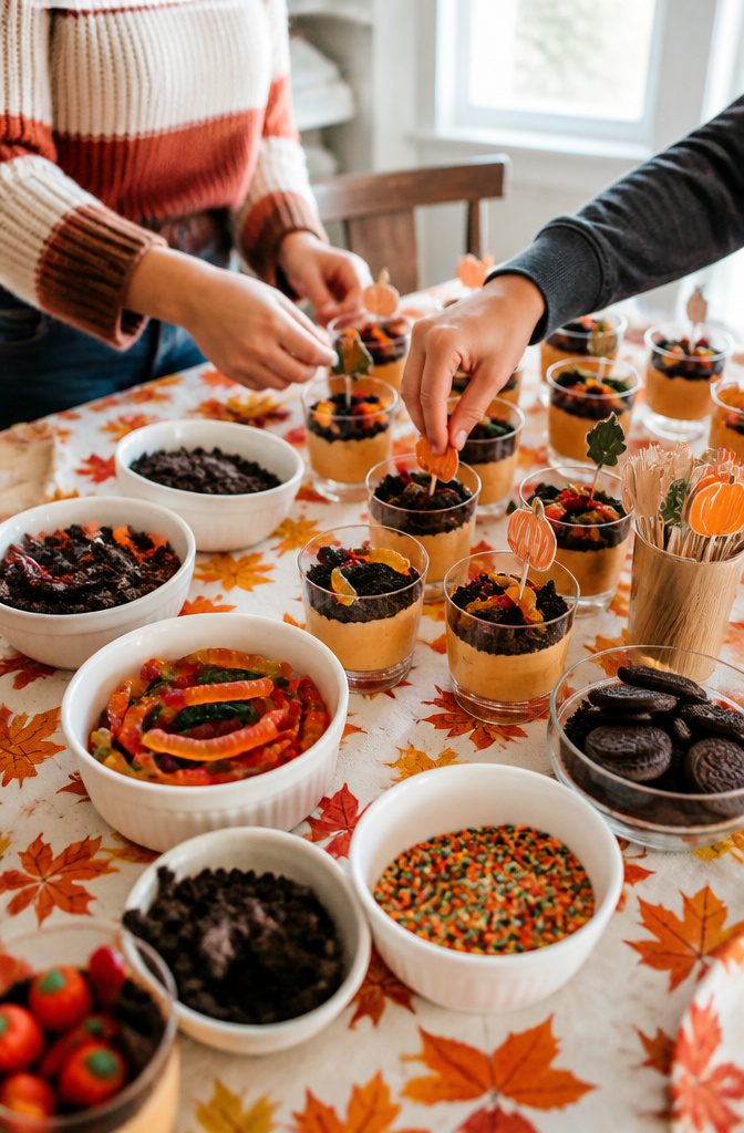Pumpkin Patch Dessert Cups: Chocolate, Vanilla, Full Moon & More 9 A table filled with various toppings for decorating pumpkin patch dessert cups.