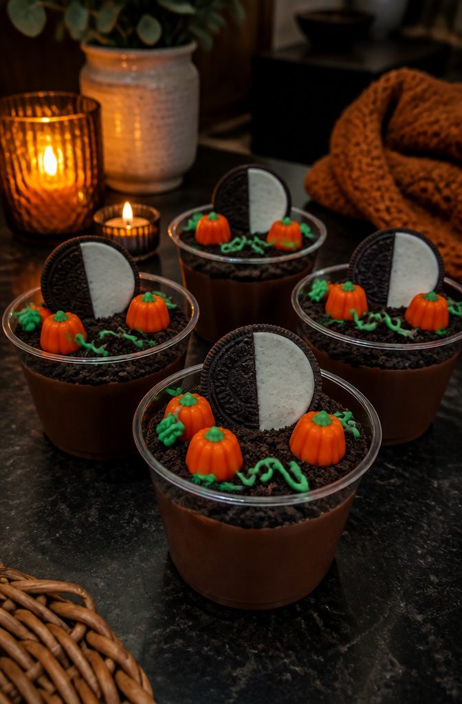 Pumpkin Patch Dessert Cups: Chocolate, Vanilla, Full Moon & More 4 Cups of chocolate pudding topped with Oreo crumbs and a moon-shaped cookie.