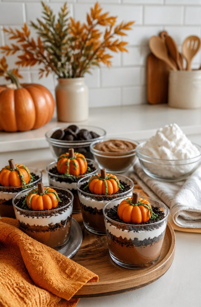 Pumpkin Patch Dessert Cups: Chocolate, Vanilla, Full Moon & More 6 Dessert cups with layers of dairy-free pudding and coconut topping on a counter.