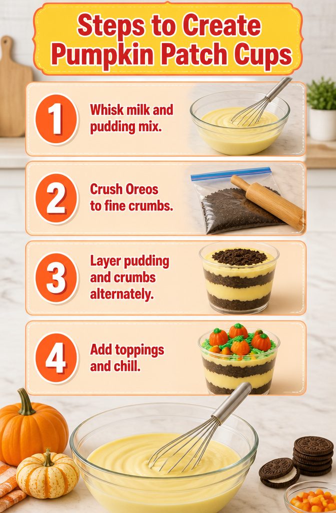 Pumpkin Patch Dessert Cups: Chocolate, Vanilla, Full Moon & More 8 Visual instructions for assembling pumpkin patch dessert cups in a kitchen.