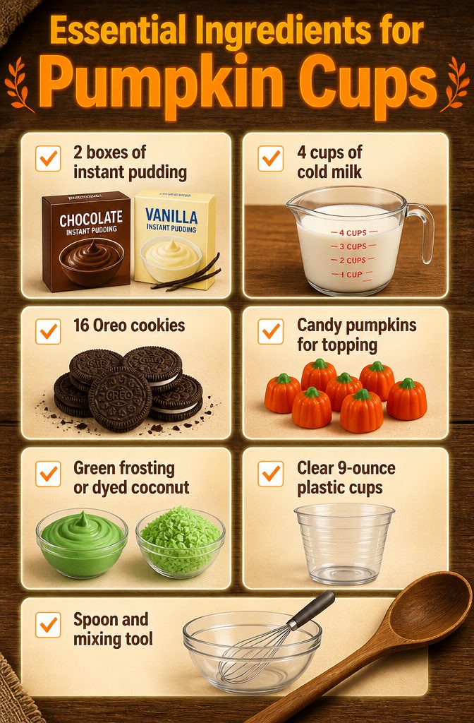 Pumpkin Patch Dessert Cups: Chocolate, Vanilla, Full Moon & More 7 Ingredients for pumpkin cups, including pudding boxes and crushed Oreo cookies.