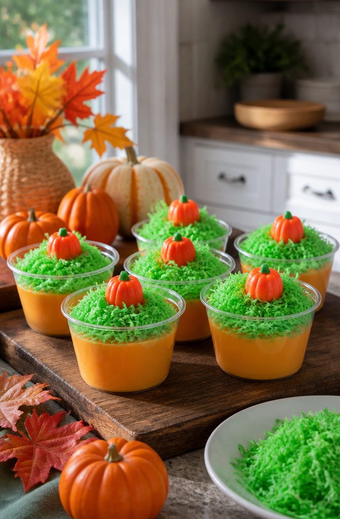 Pumpkin Patch Dessert Cups: Chocolate, Vanilla, Full Moon & More 5 Bright orange pudding cups topped with fluffy green coconut on a kitchen table.
