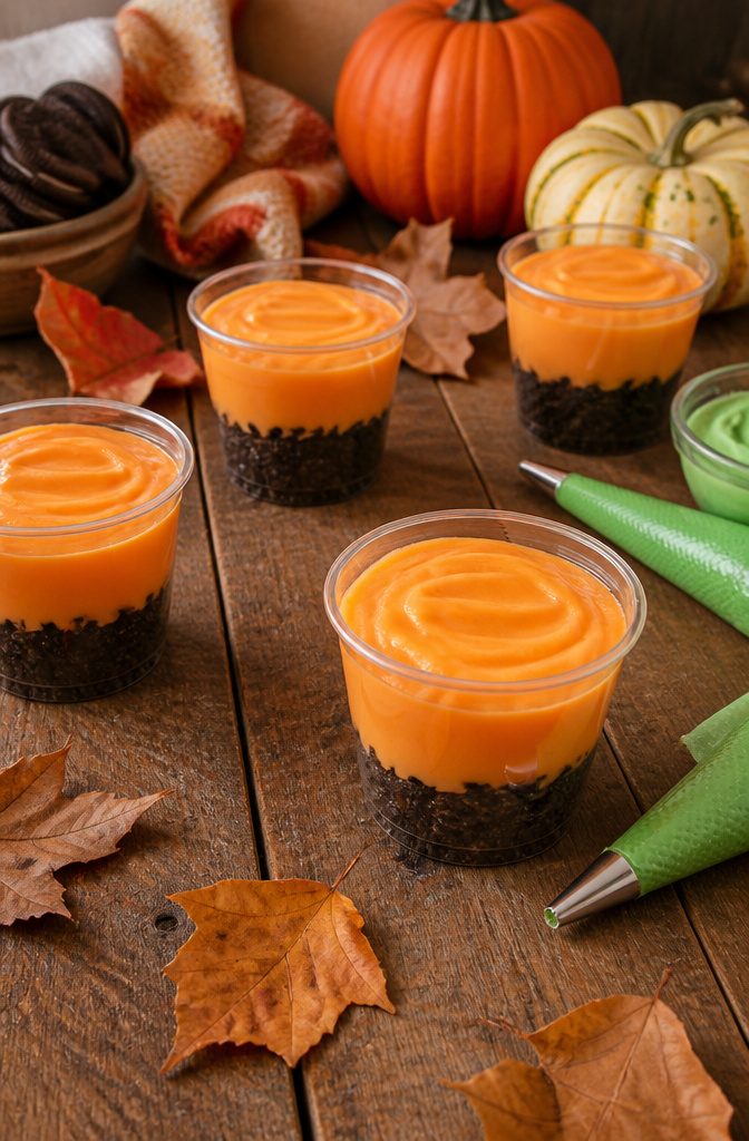 Pumpkin Patch Dessert Cups: Chocolate, Vanilla, Full Moon & More 3 Colorful pudding cups with orange vanilla pudding and dark cookie crumbs.