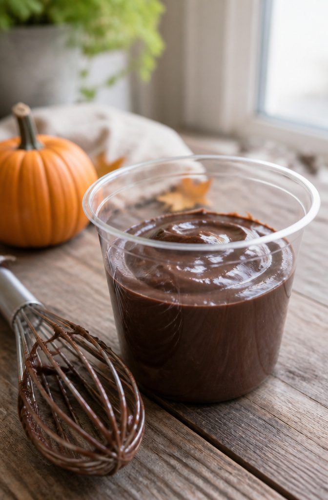 Pumpkin Patch Dirt Cups: Easy Fall Pudding Treat for 2026 2 Clear cup with chocolate pudding and a whisk on a wooden table.