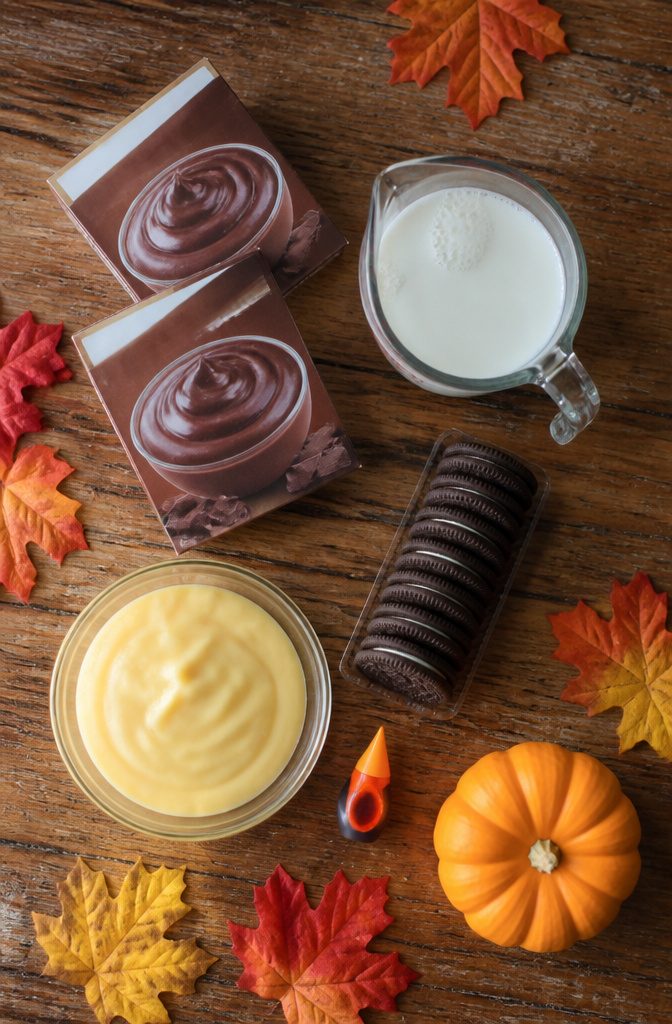 Pumpkin Patch Dirt Cups: Easy Fall Pudding Treat for 2026 7 Ingredients include pudding, Oreos, mellowcreme pumpkins, and frosting.