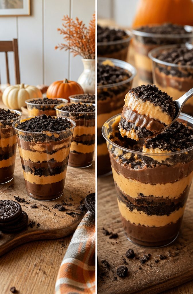 Pumpkin Patch Dirt Cups: Easy Fall Pudding Treat for 2026 5 Clear cups filled with alternating layers of pudding and Oreo crumbs.