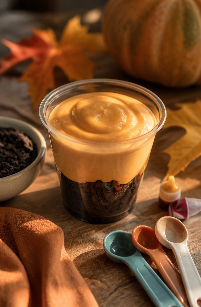 Pumpkin Patch Dirt Cups: Easy Fall Pudding Treat for 2026 4 Clear cup showing orange pudding layered over dark Oreo crumbs.