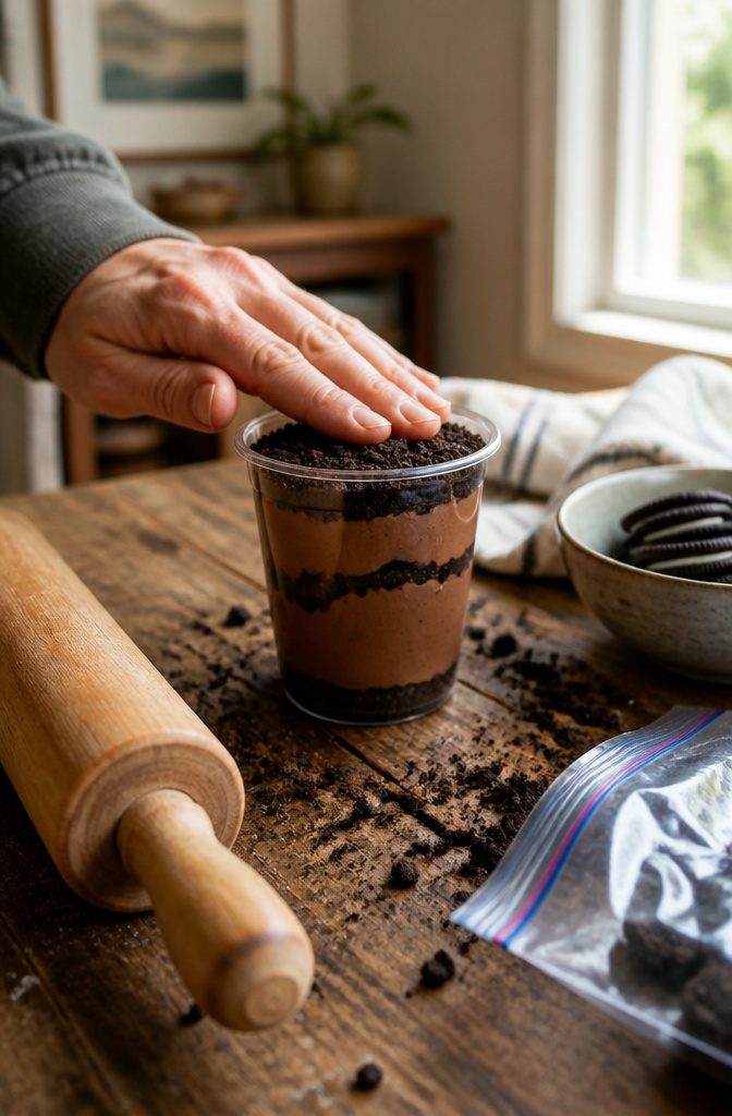 Pumpkin Patch Dirt Cups: Easy Fall Pudding Treat for 2026 3 Crushed Oreo cookies are scattered on top of chocolate pudding.