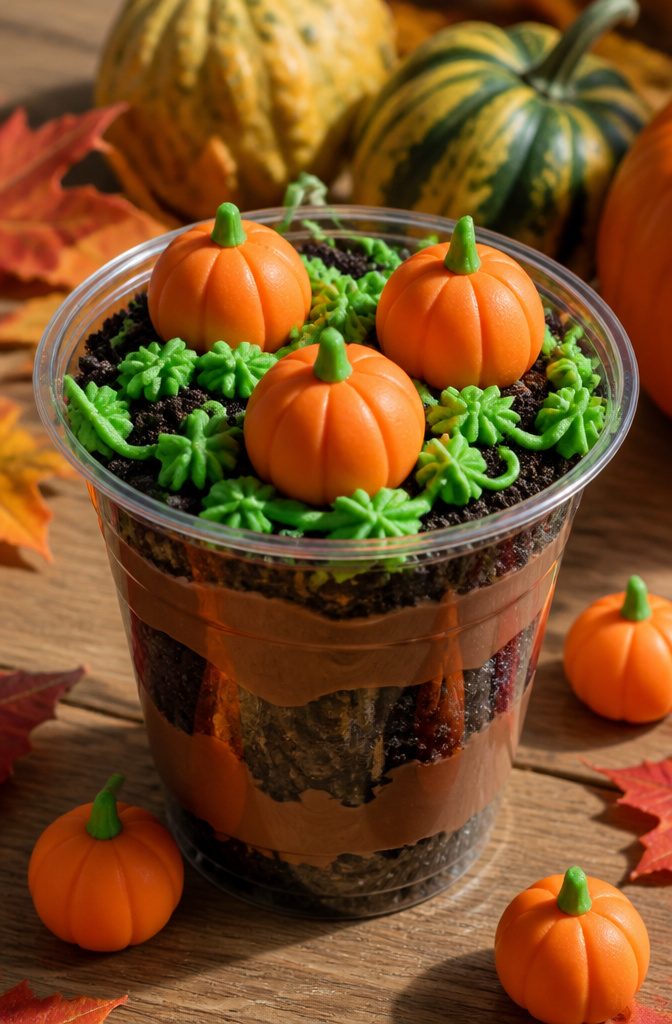 Pumpkin Patch Dirt Cups: Easy Fall Pudding Treat for 2026 6 Three mellowcreme pumpkins on top of crushed Oreo cookies.