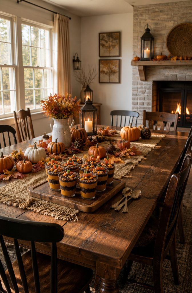 Pumpkin Patch Dirt Cups: Easy Fall Pudding Treat for 2026 9 Clear cups filled with layered pudding and topped with pumpkin candies.