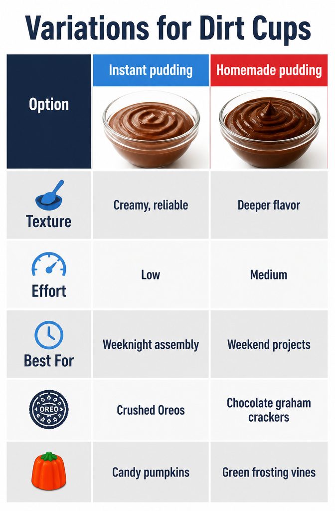 Pumpkin Patch Dirt Cups: Easy Fall Pudding Treat for 2026 10 Information image about variations and substitutions for dirt cups.