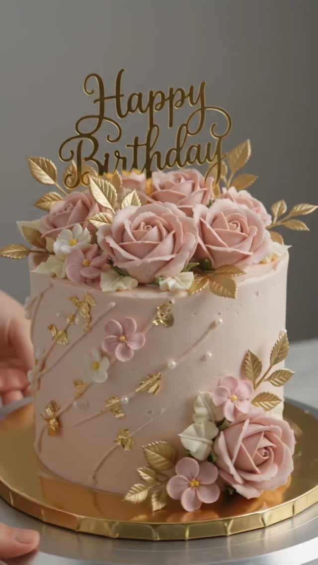 Rose gold cake with frosting roses, gold leaves, and a Happy Birthday topper.