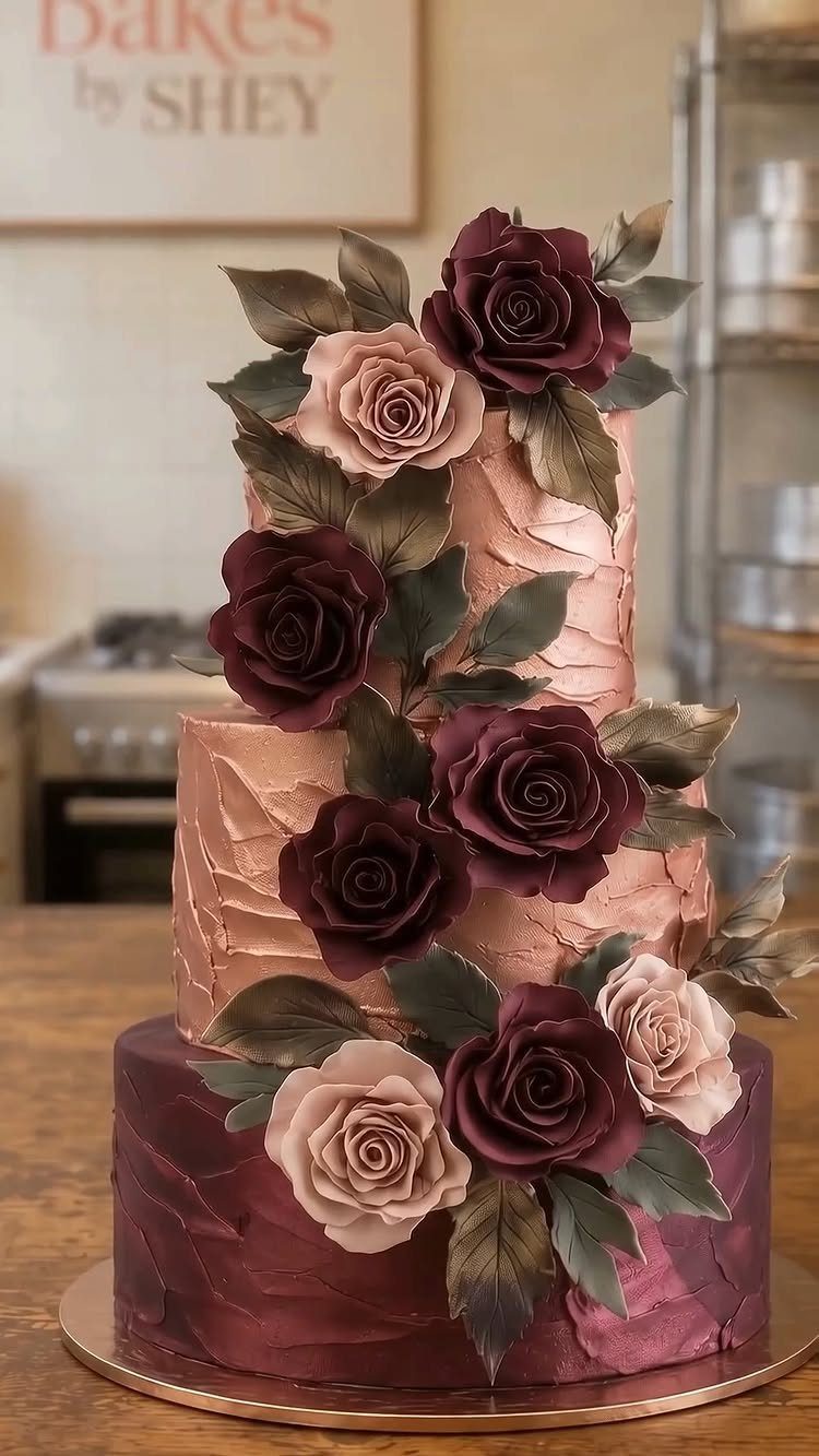 Three-tier rose gold and burgundy cake decorated with large roses and green leaves.
