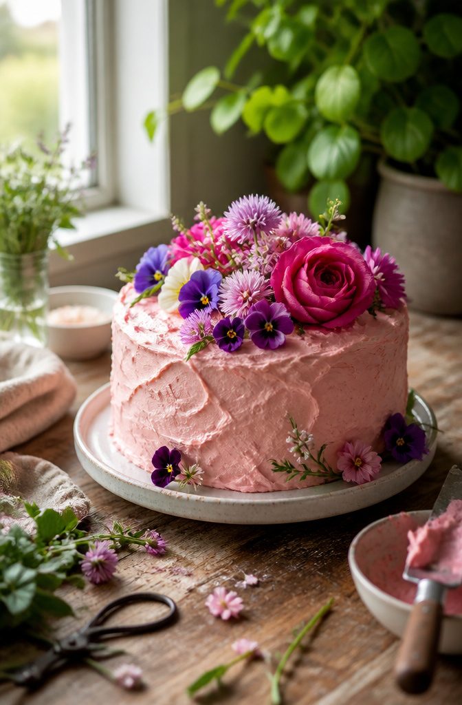 15 Simple Cake Decorating Ideas for 2026 — No Piping Required 2 A cake topped with assorted edible flowers and pink buttercream.
