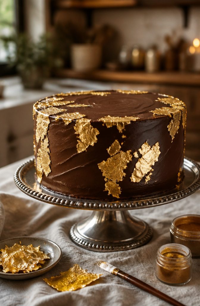 15 Simple Cake Decorating Ideas for 2026 — No Piping Required 5 A chocolate cake topped with edible gold leaf.