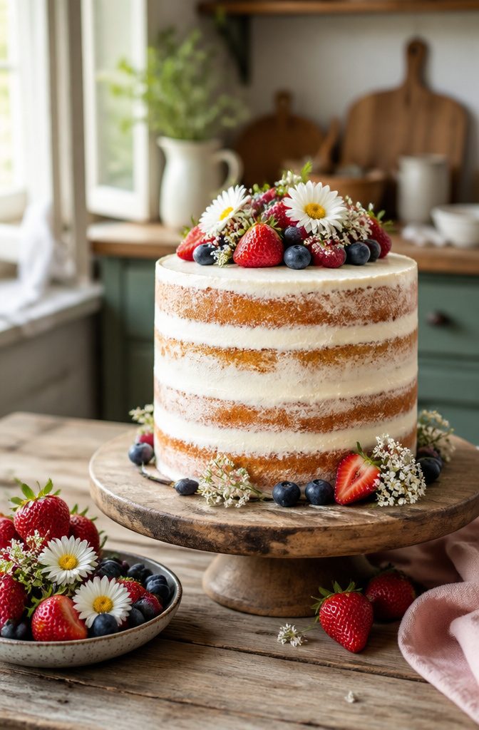 15 Simple Cake Decorating Ideas for 2026 — No Piping Required 11 A naked cake with visible layers and a thin crumb coat.