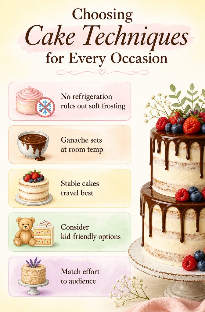 15 Simple Cake Decorating Ideas for 2026 — No Piping Required 19 An information image about selecting cake techniques for events.