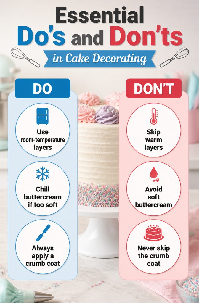 15 Simple Cake Decorating Ideas for 2026 — No Piping Required 17 An information image detailing cake decorating do's and don'ts.
