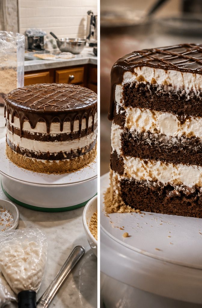 A partially assembled s'mores layer cake with frosting and ganache.