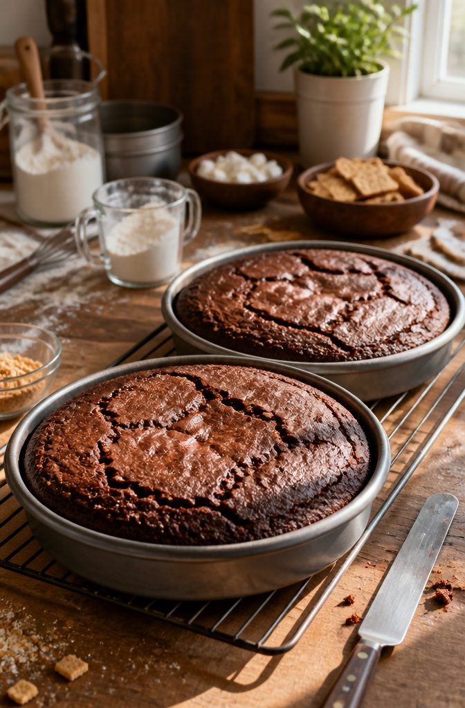 Two chocolate cake layers cooling on a wire rack.