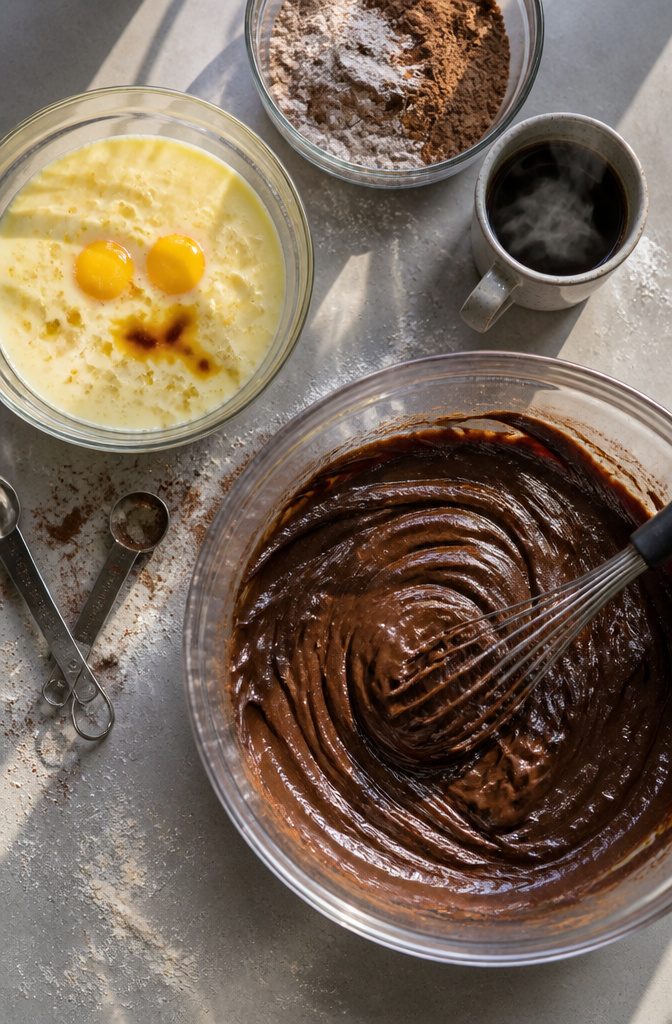 A bowl of thick chocolate cake batter with whisked ingredients.