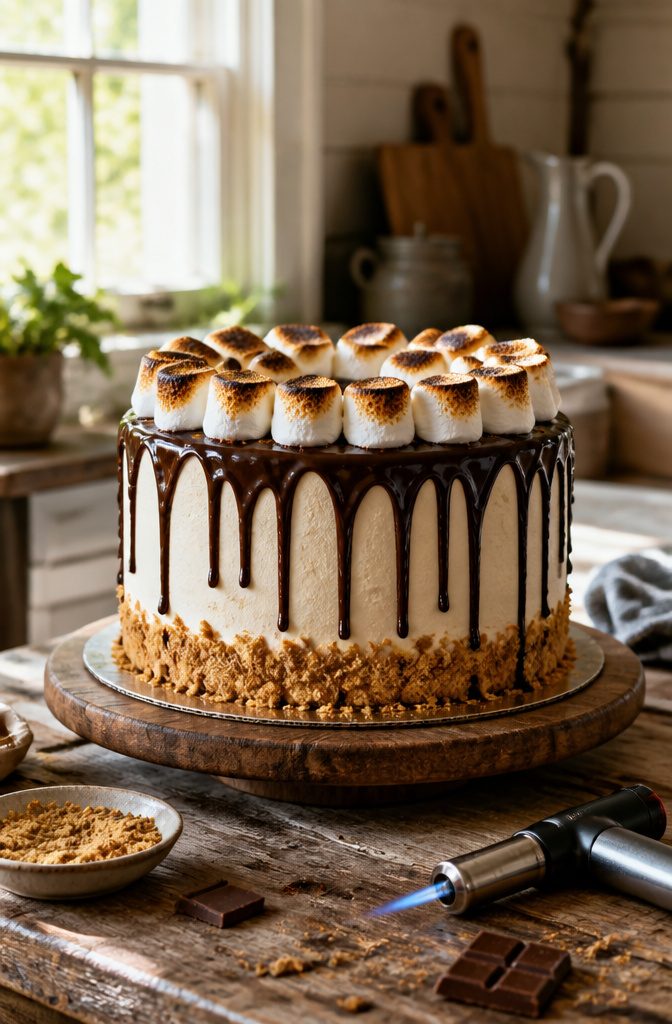 A s'mores layer cake topped with ganache and toasted marshmallows.