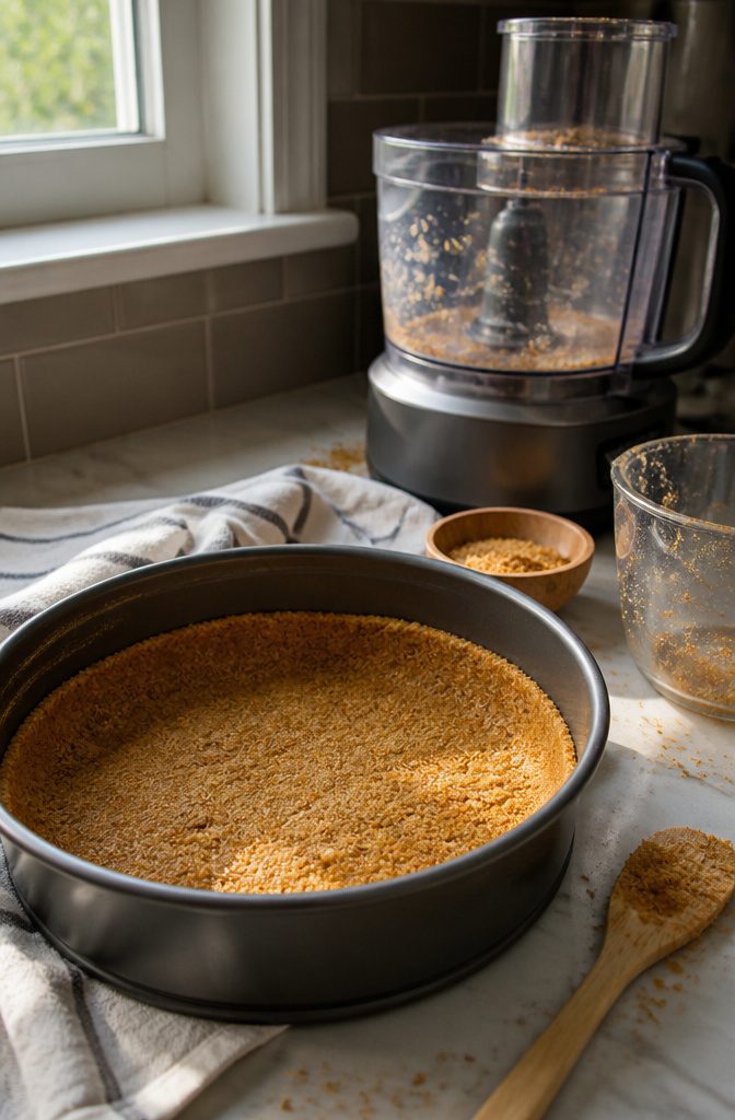 A round cake pan filled with a graham cracker crust and butter.