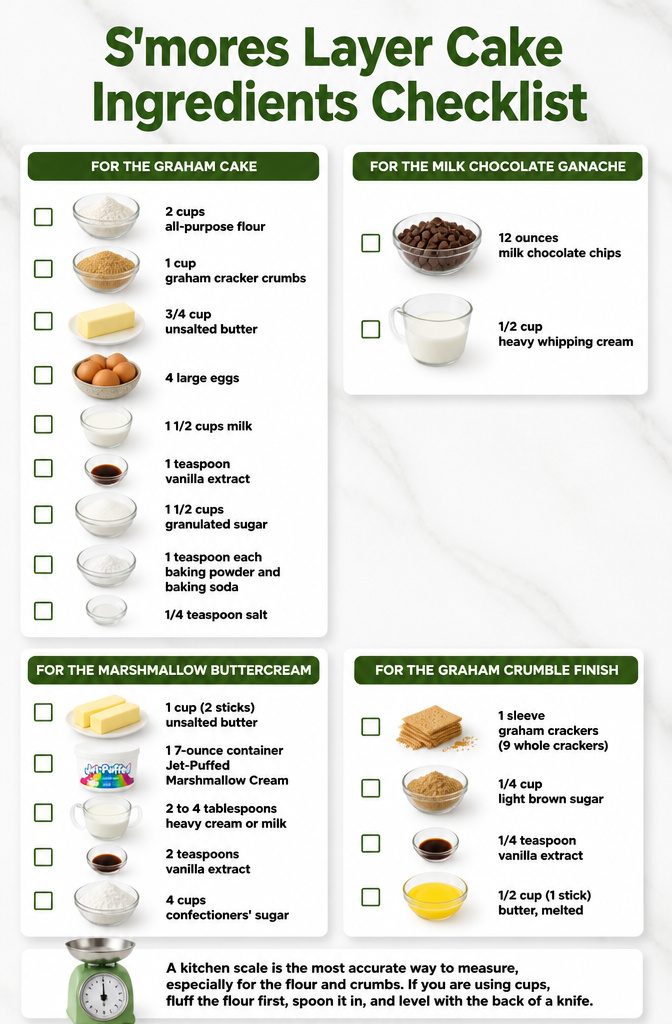A checklist of ingredients for making a s'mores layer cake.
