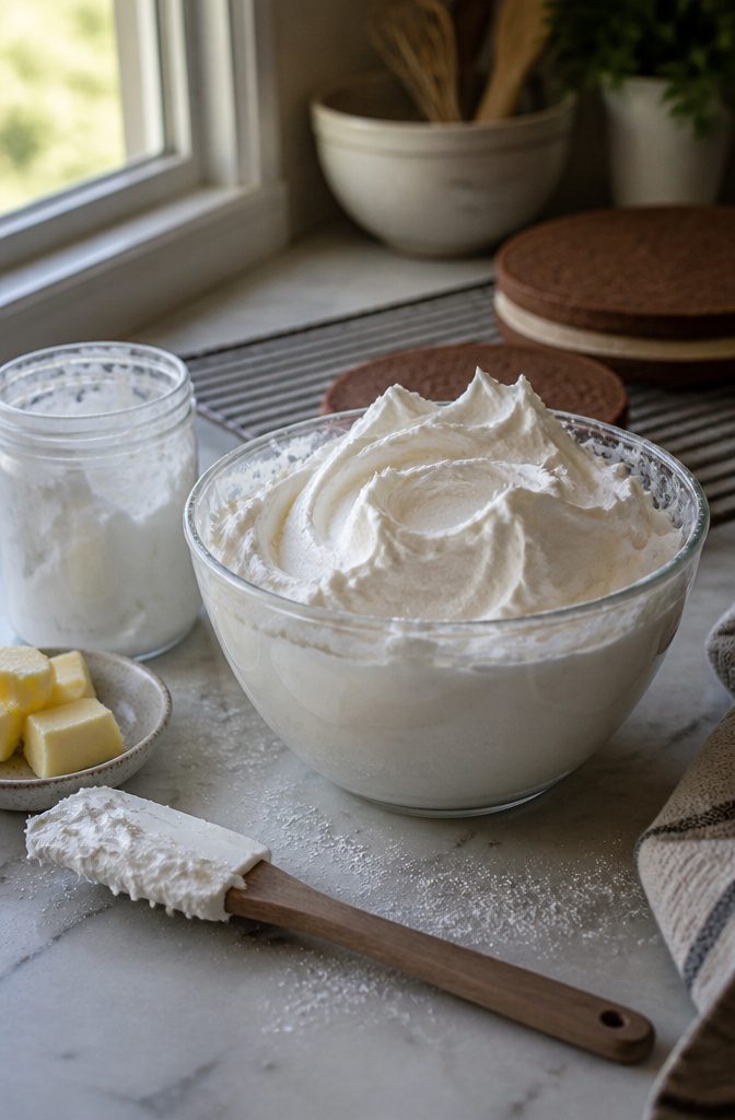 A mixing bowl filled with marshmallow frosting and butter.